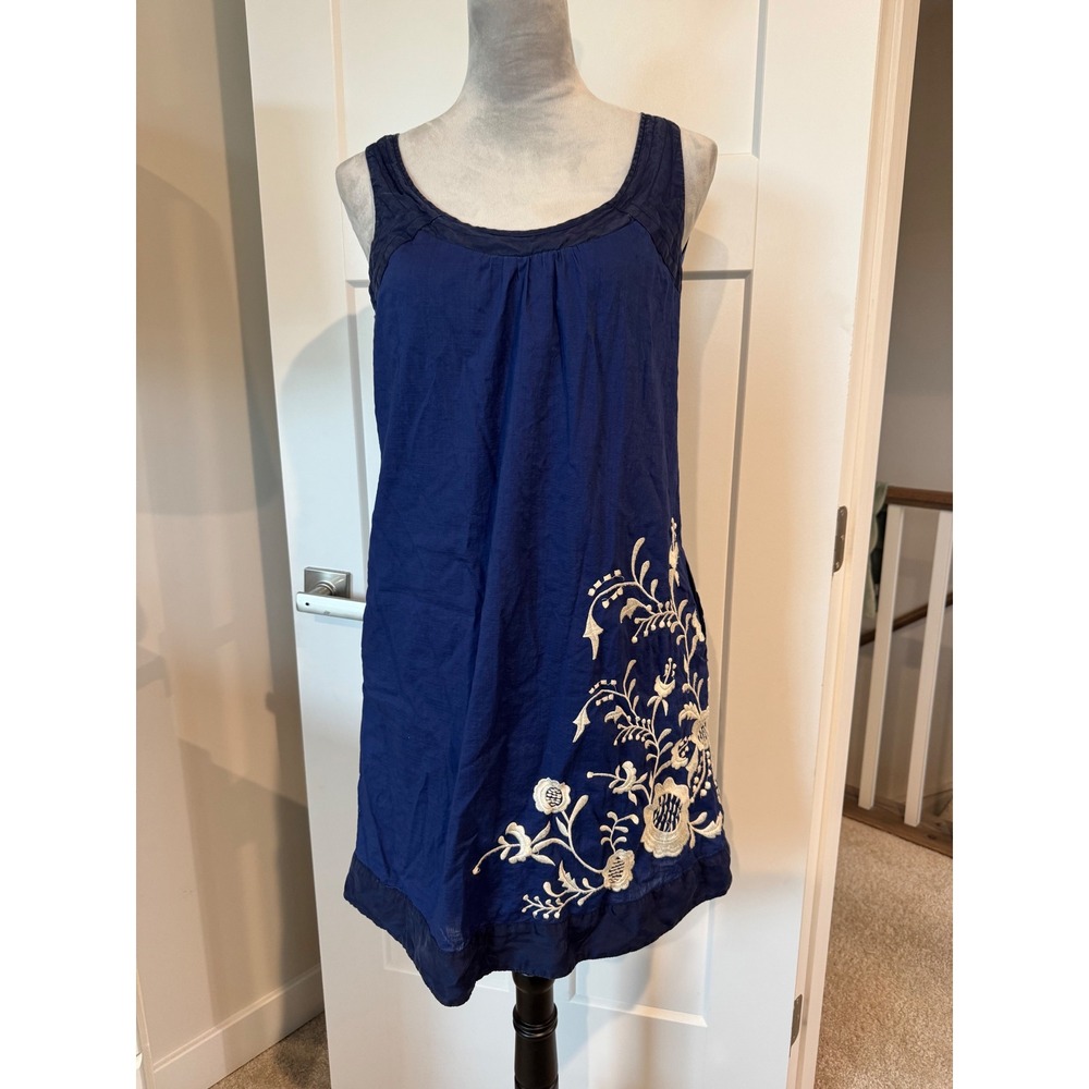 Floreat Anthropologie Blue Cotton Floral Embroidered Shift Dress Boho Sz 4